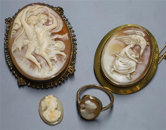 A 9ct mounted cameo brooch, a 9ct cameo ring, an unframed cameo and one other cameo brooch.